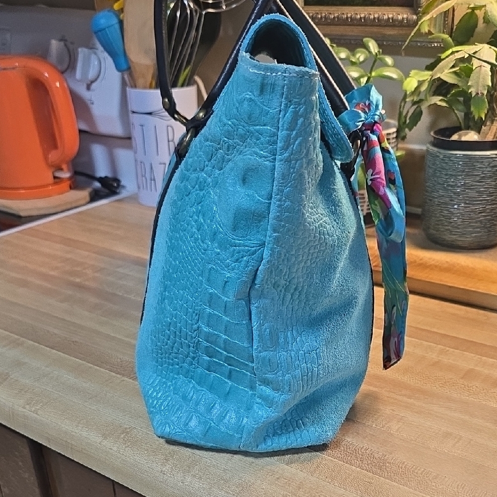 Turquoise Itailan Croc Embossed Suede Handbag with Scarf Accent - Picture 3 of 13